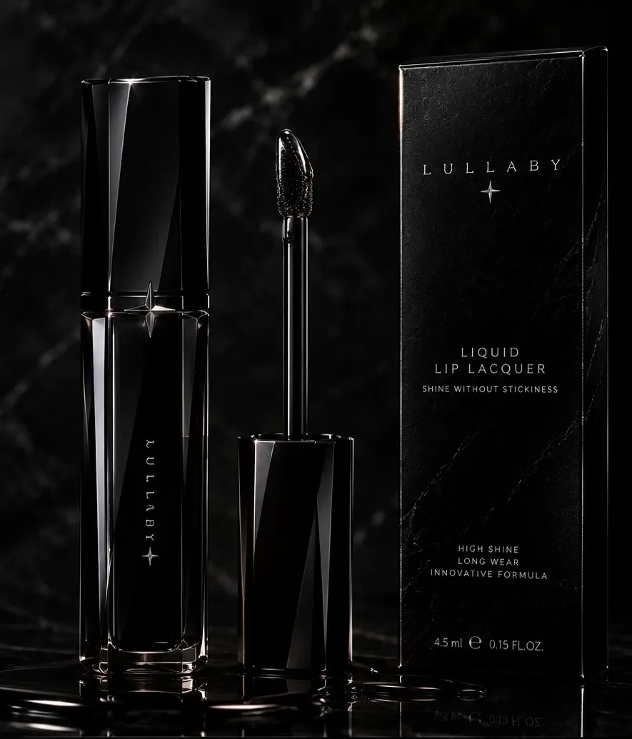 Lullaby Liquid Lip Lacquer — fasetowany czarny flakon, aplikator i kartonik z napisem Shine Without Stickiness