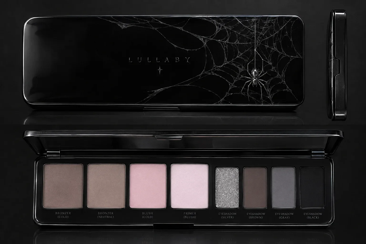 Paleta Lullaby — zamknięta kasetka ze srebrną pajęczyną i pająkiem oraz otwarta paleta ośmiu odcieni
